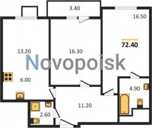 Двухкомнатная квартира 72.4 м²