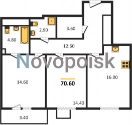 Двухкомнатная квартира 70.6 м²