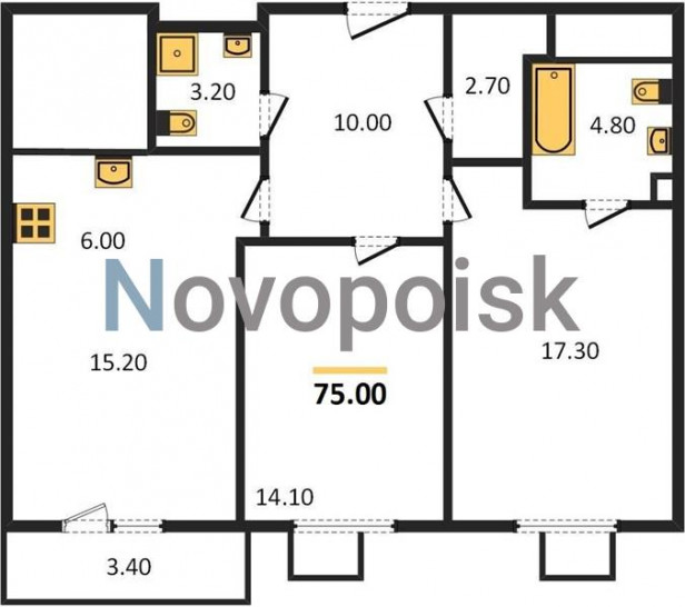 Двухкомнатная квартира 75 м²